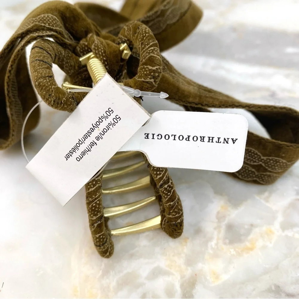 Anthropologie Set of 3 Ribbon Gold Claw Hair Clips Olive + Gray + Burgundy NWT